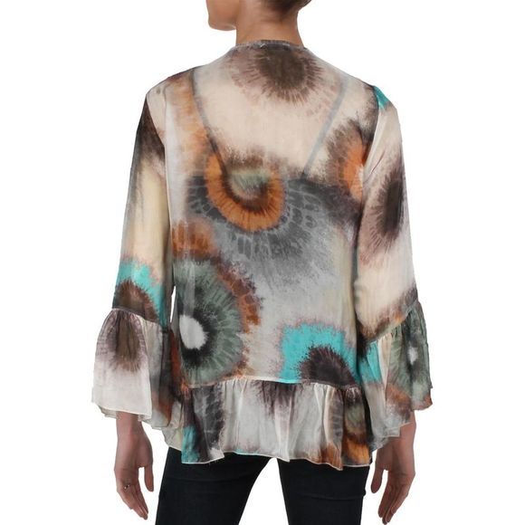 Lola Womens Gray Chiffon Printed Bell Sleeves Blouse Top Imperfections - Picture 2 of 3